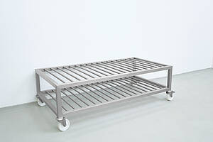 Draining trolley with round steel grid on 2 shelves for drying plastic containers or rollis, ID no. 24-63118-8 