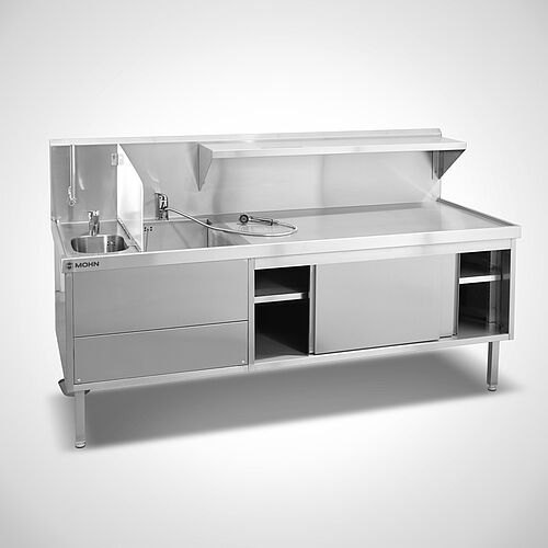 Stainless steel sink unit combination with 2 sinks and splashback & sensor tap and single-lever mixer tap with shower, ID no. 23-63360 