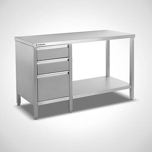 Stainless steel work table type AT-B-SL 140/60 with intermediate shelf & without rear upstand, item no. 20.00.08.50 