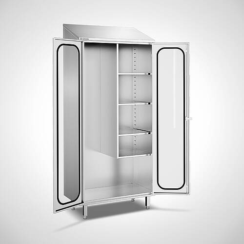 Stainless steel storage cabinet with shortened divider, Model ASD-TV Highline 95-50, Item No. 44.20.00.26 Stainless steel storage cabinet with shortened divider, Model ASD-TV Highline 95-50, Item No. 44.20.00.26