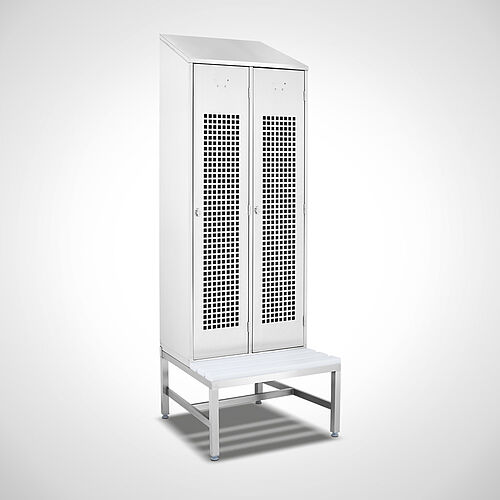 Locker made of stainless steel with bench Type GS1-SB-VA-EU 2/4 (2 compartments - 400 mm compartment width), art. no. 45.10.00.13 