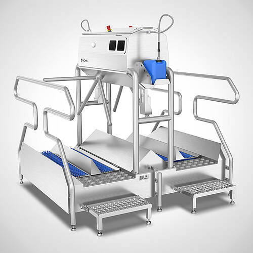 Bild zeigt ein Inventarschild mit Firmenlogo, QR-Code und Inventarnummer an Personal-Hygieneschleuse 