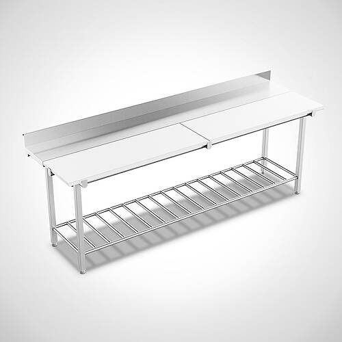 Ergonomischer Stufenarbeitstisch Highline aus Edelstahl mit weißer HDPE-Platte Typ SAH-R 240-70 HL, Art.-Nr. 30.00.06.61 