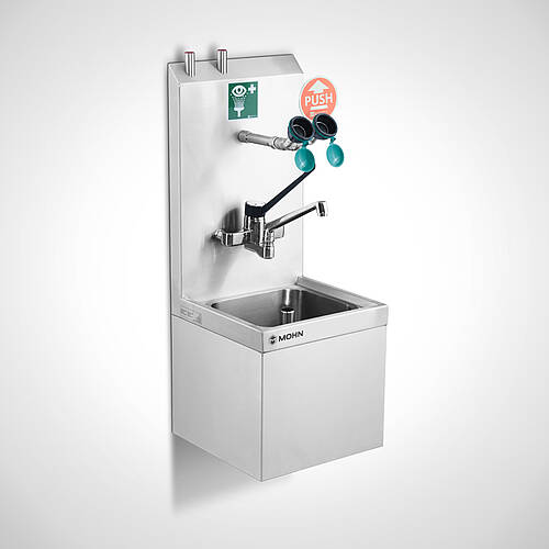 Wandhängender Teilewaschplatz Typ TW-K-W 40/40 SON mit optionalem Einhebelmischer und Augendusche, 25-60703-4.1 
