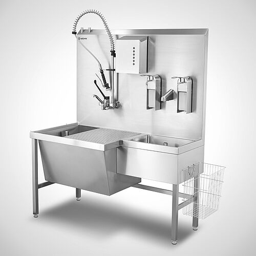 Teilewaschplatz Typ TW-G/S 150-70 SON mit Sensor-Handwaschbecken rechtsseitig sowie optionalen Armaturen und Spendern, Art-Nr. 12.00.00.65 