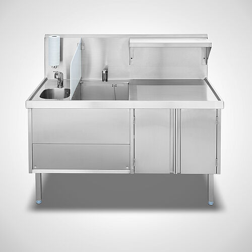 Spülschrankkombination aus Edelstahl mit 2 Becken und Spritzschutzblende & opt. Einhebelmischbatterie sowie Sensorarmatur, Art.-Nr. 97.13.88.52 