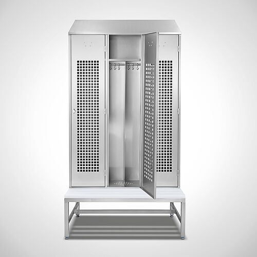 Locker made of stainless steel with bench Type GS1-SB-VA-EU 3/4 (3 compartments - 400 mm compartment width), art. no. 45.10.00.15 