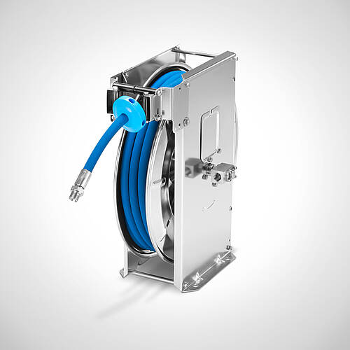 Automatischer Schlauchaufroller aus elektropoliertem Edelstahl Typ ASA-HL/+12 EP, Art.-Nr. 40.00.50.17 inklusive 12 m Lebensmittelschlauch (AD: 21,6 mm) 