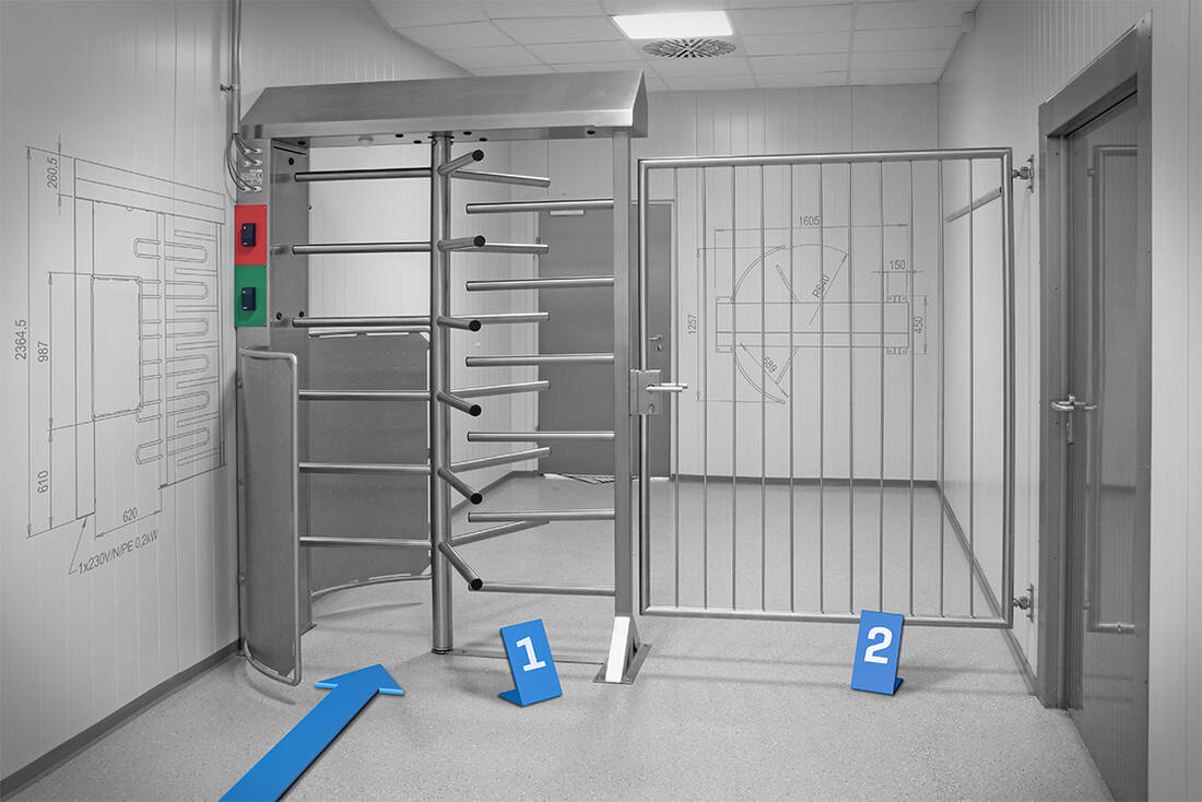 Portaldrehkreuzanlage zur Personalflussführung vor Zutritt in Hygienebereiche | Mohn GmbH