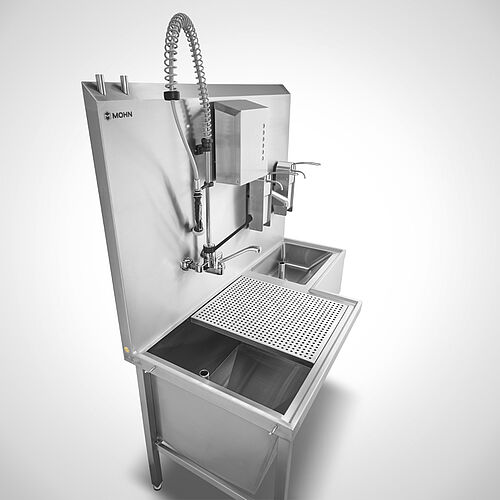 Teilewaschplatz Typ TW-G/S 150-70 SON mit Sensor-Handwaschbecken rechtsseitig sowie optionalen Armaturen und Spendern, Art-Nr. 12.00.00.65 