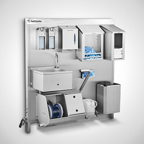 Hygiene wall with sole cleaning + disposable dispenser and sensor hand basin | Mohn Hygiene Technology GmbH