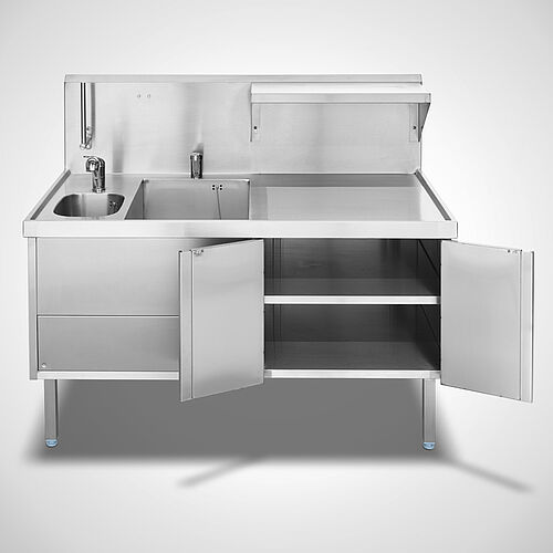 Spülschrankkombination aus Edelstahl mit 2 Becken und Spritzschutzblende & opt. Einhebelmischbatterie sowie Sensorarmatur, Art.-Nr. 97.13.88.52 