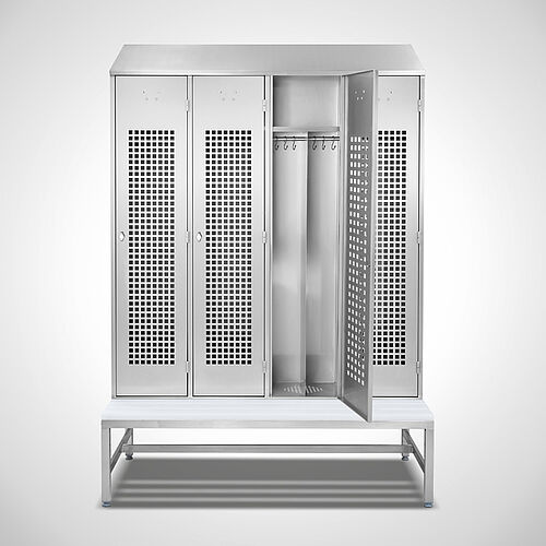 Locker made of stainless steel with bench Type GS1-SB-VA-EU 4/4 (4 compartments - 400 mm compartment width), art. no. 45.10.00.17
