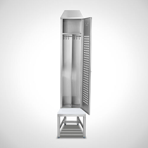 Locker made of stainless steel with bench Type GS1-SB-VA-EU 1/4 (1 compartment - 400 mm compartment width), art. no. 45.10.00.11 