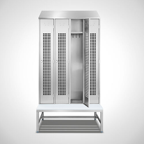 Locker made of stainless steel with bench Type GS1-SB-VA-EU 4/3 (4 compartments - 300 mm compartment width), art. no. 45.10.00.16 