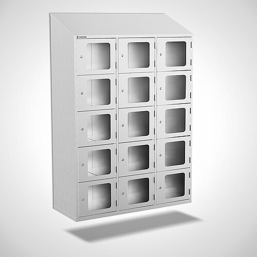 Wall-mounted stainless steel compartment locker with acrylic glass doors, type FSA5-WH-VA-EU, 3 compartments with 400 mm compartment width, item no. 46.10.05.45 