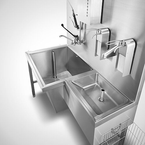 Teilewaschplatz Typ TW-G/S 150-70 SON mit Sensor-Handwaschbecken rechtsseitig sowie optionalen Armaturen und Spendern, Art-Nr. 12.00.00.65