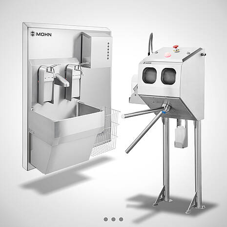 Hygiene wall Type HWB-HL-1 and Soap dispenser with 2-arm turnstile Type Soap-Control S-2-Arm | Mohn Company Germany