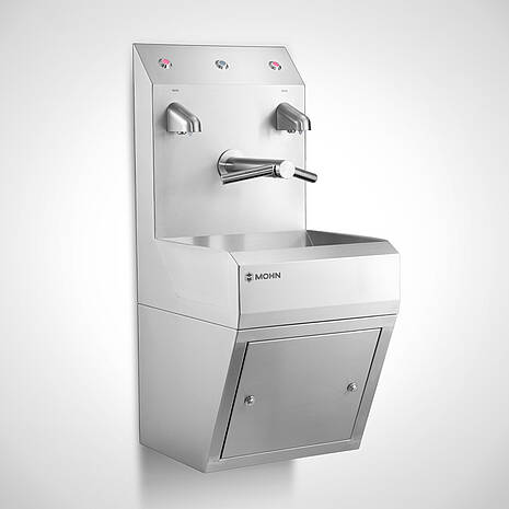 Edelstahl-Handwaschbecken "Cleancenter" mit 2 automatischen Spendern, Dyson Tap (wash and dry Armatur) und Unterschrank | Mohn GmbH 