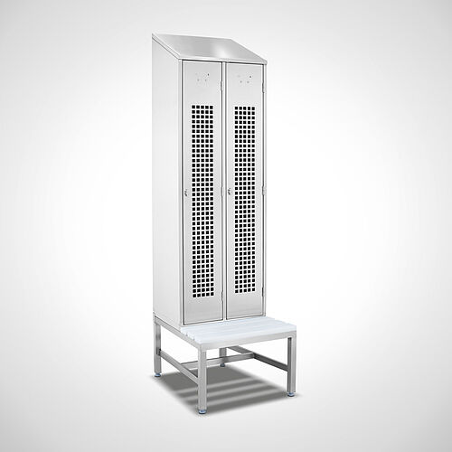 Locker made of stainless steel with bench Type GS1-SB-VA-EU 2/3 (2 compartments - 300 mm compartment width), art. no. 45.10.00.12 