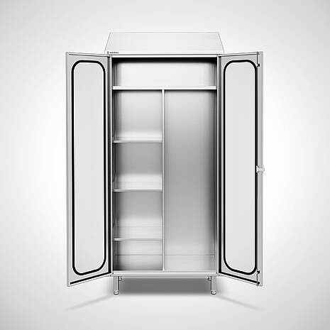 Ablageschrank aus Edelstahl mit 4 seitlichen, höhenverstellbaren Ablageböden und durchgehender Trennwand Typ ASD- HIGHLINE-95-50 | Mohn GmbH
