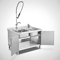 Spülschrank ohne Abtropffläche mit Flügeltüren und Sensorarmatur bzw. Geschirrwaschbrause Typ SPS-2B-OA 110-80, ID 23-61464 
