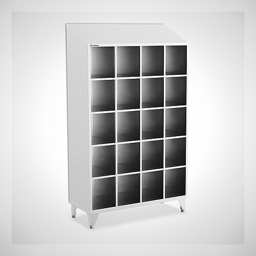 Open compartment locker made of stainless steel type FS5-AF-VA-EU-O-4-3 with 4 compartments in 300 mm compartment width, art. no. 45.10.06.56 