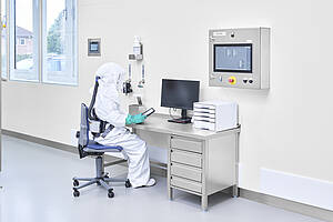 Schreibtisch aus Edelstahl Typ AT-U/STR 160-60 als Reinraumausstattung, ID 22-65037 