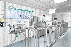Personnel hygiene station designed for indoor use, featuring a custom-designed graphic panel to illustrate the individual hygiene steps, ID 24-62844 