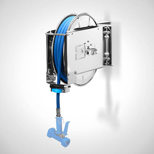 Automatischer Schlauchaufroller aus elektropoliertem Edelstahl Typ ASA-HL/+12 EP, Art.-Nr. 40.00.50.17 inklusive 12 m Lebensmittelschlauch (AD: 21,6 mm) mit optionaler Wandeschwenkkonsole und Sprüh-/Spritzpistole 