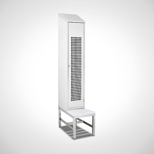 Locker made of stainless steel with bench Type GS1-SB-VA-EU 1/4 (1 compartment - 400 mm compartment width), art. no. 45.10.00.11 