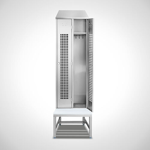Locker made of stainless steel with bench Type GS1-SB-VA-EU 2/3 (2 compartments - 300 mm compartment width), art. no. 45.10.00.12 
