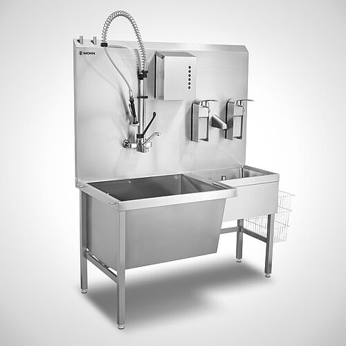Teilewaschplatz Typ TW-G/S 150-70 SON mit Sensor-Handwaschbecken rechtsseitig sowie optionalen Armaturen und Spendern, Art-Nr. 12.00.00.65 