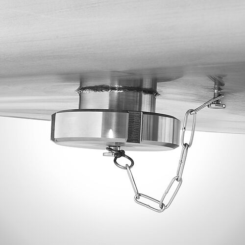 Stainless steel milk screw cap type SCHRV-MI DN50 mounted on the bottom of a standard norm trolley, art. no. 15.00.00.09 