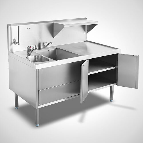 Spülschrankkombination aus Edelstahl mit 2 Becken und Spritzschutzblende & opt. Einhebelmischbatterie sowie Sensorarmatur, Art.-Nr. 97.13.88.52 