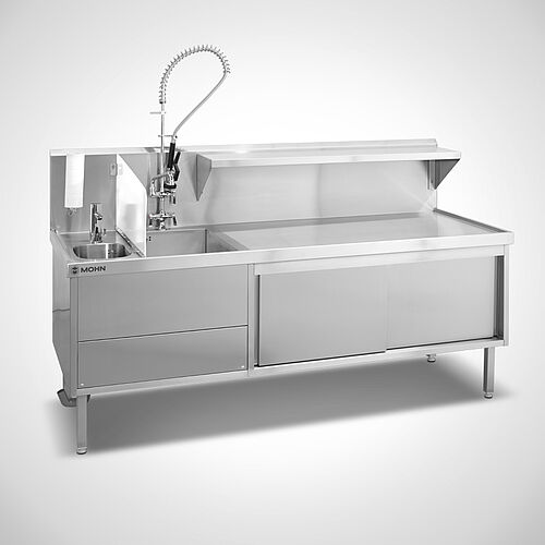 Stainless steel sink unit combination with 2 basins and splashback & sensor tap and dishwashing spray, ID no. 23-63360 