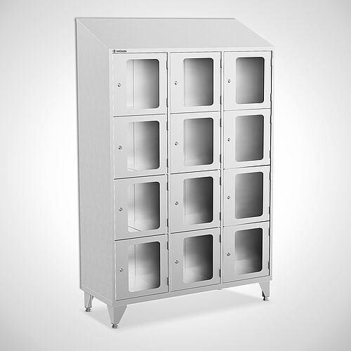Stainless steel compartment locker with acrylic glass doors, type FSA4-AF-VA-EU, 3 compartments with 400 mm compartment width, item no. 46.10.05.35 