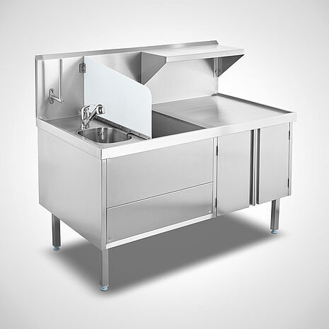 Stainless steel sink unit combination with roll holder and splashback - Customised design | Mohn GmbH