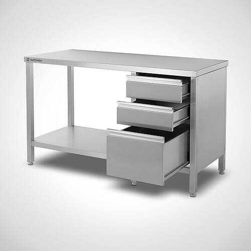 Stainless steel work table type AT-B-SR 140/60 with intermediate shelf & without rear upstand, item no. 20.00.08.80