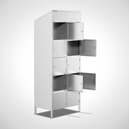 Abschließbarer Brotzeitschrank (Vesperschrank) aus Edelstahl Typ BZS 2/5 (2 Abteile mit 10 Fächern), Art.-Nr. 29.00.00.93 