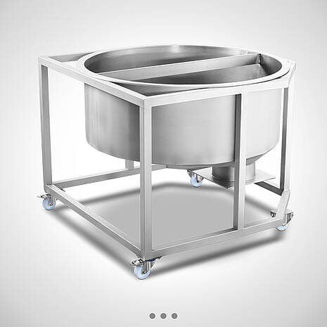 Mobile stainless steel feeding container with funnel outlet and slide gate for cheese curd | Mohn GmbH