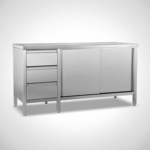 Arbeitsschrank aus Edelstahl mit Schubladenblock links Typ AS-SZ-SL 160-60, Art.-Nr. 22.00.11.95, ohne hintere Tischplattenaufkantung