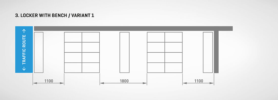 German workplace guideline (ASR 34/1-5) - Dimensioning and division of changing rooms for clothes cabinet with a bench - Variant 1 | Mohn GmbH