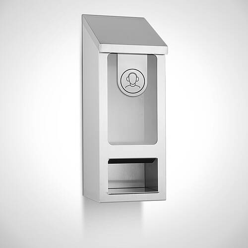 Stainless steel dispenser for disposable earplugs, type EOS/V2, with optional pictogram etching, item no. 18.00.04.76 