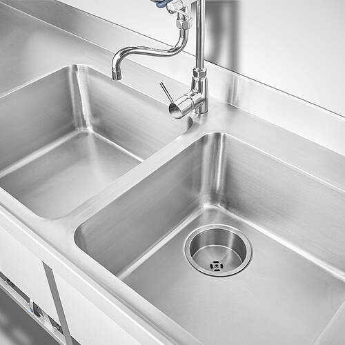 Stainless steel double sink unit type SPT-2B-MA-R-SON-297-80, with eccentric drain valve and strainer basket as well as dishwashing spray, ID no. 25-61951 