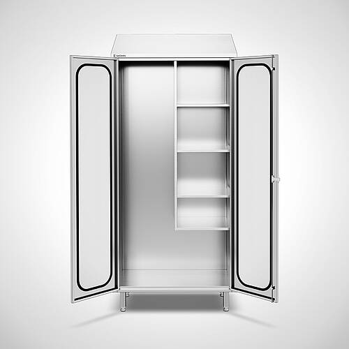 Stainless steel storage cabinet with shortened divider, Model ASD-TV Highline 95-50, Item No. 44.20.00.26 Stainless steel storage cabinet with shortened divider, Model ASD-TV Highline 95-50, Item No. 44.20.00.26