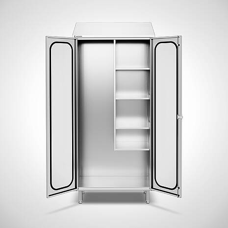 Ablageschrank aus Edelstahl mit 3 seitlichen, höhenverstellbaren Ablageböden und verkürzter Trennwand Typ ASD- HIGHLINE-95-50 | Mohn GmbH