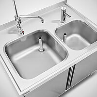 Spülschrank ohne Abtropffläche mit Flügeltüren und Sensorarmatur bzw. Geschirrwaschbrause Typ SPS-2B-OA 110-80, ID 23-61464 