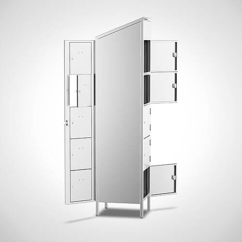 Abschließbarer Brotzeitschrank (Vesperschrank) aus Edelstahl Typ BZS 1/5 (1 Abteil mit 5 Fächern), Art.-Nr. 29.00.00.92 