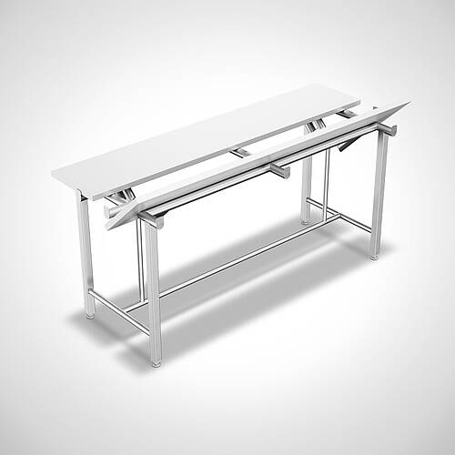 Ergonomischer Universaltisch mit weißer HDPE-Platte und Untergestell aus hygienischem Rundstahl Typ UTFI-H 180-70 Highline, Art.-Nr. 32.00.00.69, HDPE-Platte kann zu Reinigungszwecken hochgeklappt werden Ergonomischer Universaltisch mit weißer HDPE-Platte und Untergestell aus hygienischem Rundstahl Typ UTFI-H 180-70 Highline, Art.-Nr. 32.00.00.69, HDPE-Platte kann zu Reinigungszwecken hochgeklappt werden